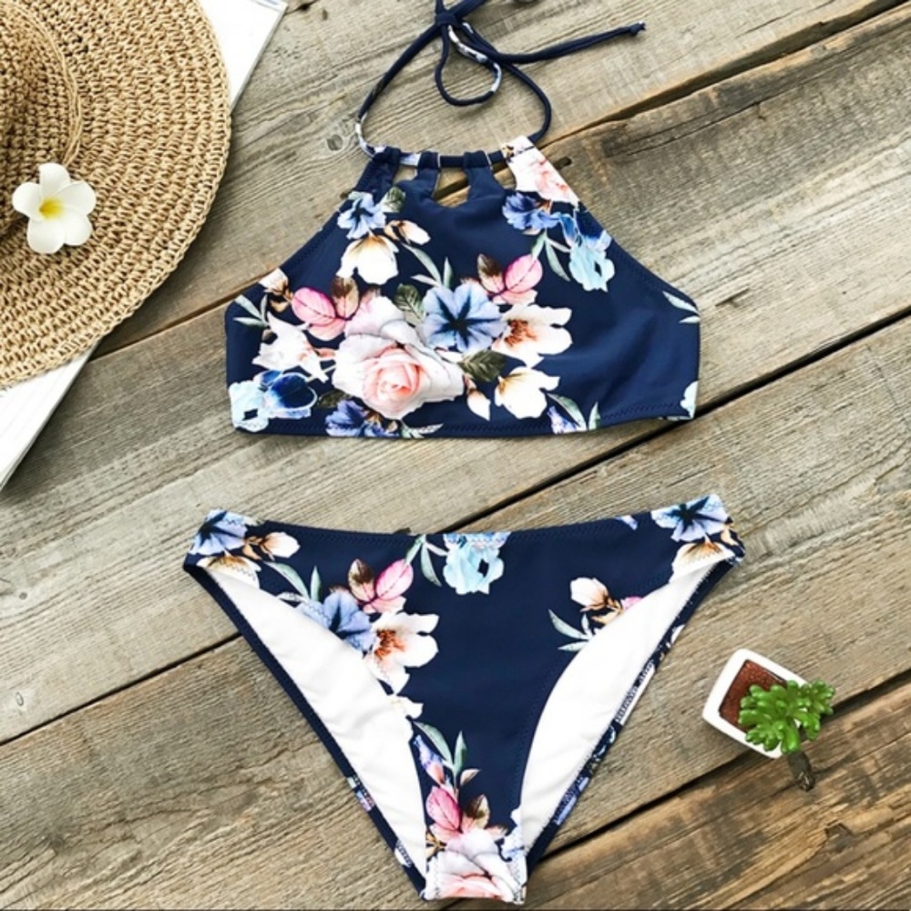 {October Love} 1 Sz XL Left! Navy High Neck FloralBikini - Picture 3 of 8
